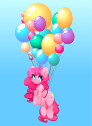 Size: 400x550 | Tagged: safe, artist:tolsticot, pinkie pie, earth pony, pony, balloon, beanbrows, cheek fluff, chest fluff, cute, diapinkes, eyebrows, female, floating, hnnng, leg fluff, looking at you, mare, no pupils, sky, smiling, solo, then watch her balloons lift her up to the sky