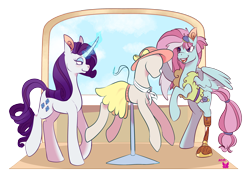 Size: 3150x2400 | Tagged: safe, artist:cckittycreative, kerfuffle, rarity, pegasus, pony, unicorn, rainbow roadtrip, amputee, female, mannequin, mare, prosthetic leg, prosthetic limb, prosthetics, smiling