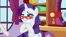 Size: 1920x1080 | Tagged: safe, screencap, rarity, pony, unicorn, she's all yak, carousel boutique, cloth, female, grin, hooves together, lidded eyes, mannequin, mare, raised eyebrow, rarity's glasses, sewing machine, sitting, smiling, solo, window