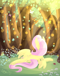 Size: 2000x2500 | Tagged: safe, artist:siggie740, fluttershy, butterfly, pegasus, pony, crepuscular rays, female, forest, grass, mare, on side, rear view, solo, sunlight, tree