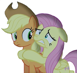 Size: 629x600 | Tagged: safe, screencap, applejack, fluttershy, earth pony, pegasus, pony, blonde mane, duo, female, mare, orange coat, pink mane, wings, yellow coat