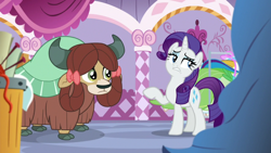 Size: 1920x1080 | Tagged: safe, screencap, rarity, yona, pony, unicorn, she's all yak, carousel boutique, cloven hooves, duo, eyeshadow, female, frown, horns, looking to side, looking up, makeup, mare, monkey swings, raised hoof, teenager