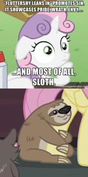 Size: 500x1000 | Tagged: safe, edit, edited screencap, screencap, fluttershy, lola the sloth, sweetie belle, pegasus, pony, raccoon, sloth, fluttershy leans in, caption, exploitable meme, image macro, meme, obligatory pony, pun, seven deadly sins, sin, sudden clarity sweetie belle