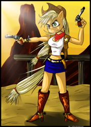 Size: 1000x1400 | Tagged: safe, artist:alvh-omega, applejack, anthro, plantigrade anthro, boots, clothes, cowboy hat, denim skirt, dual wield, gun, hat, high heel boots, midriff, pistol, revolver, skirt, solo, stetson, tanktop, weapon