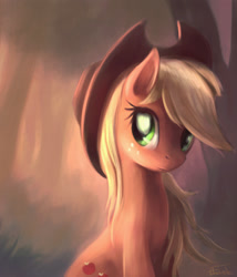 Size: 1100x1286 | Tagged: safe, artist:ajvl, applejack, earth pony, pony, cute, female, freckles, hat, looking at you, mare, painting, sitting, smiling, solo