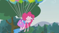 Size: 400x224 | Tagged: safe, pinkie pie, equestria girls, friendship games, pinkie spy (short), balloon, boots, bracelet, clothes, eyes closed, floating, high heel boots, jewelry, skirt, then watch her balloons lift her up to the sky, tree