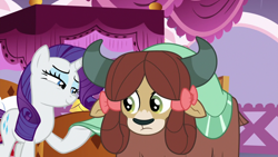 Size: 1280x720 | Tagged: safe, screencap, rarity, yona, pony, unicorn, yak, she's all yak, duo, duo female, female, horn, mare, purple mane, purple tail, white coat