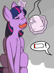 Size: 1280x1707 | Tagged: safe, artist:noginerve, derpibooru import, twilight sparkle, twilight sparkle (alicorn), alicorn, pony, coffee, curved horn, eyes closed, female, implied anon, magic, mare, mug, pictogram, sitting, solo, wavy mouth