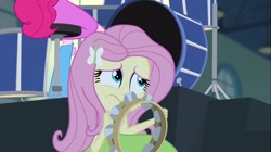 Size: 1100x618 | Tagged: safe, screencap, fluttershy, pinkie pie, equestria girls, rainbow rocks, boot, clothes, drum kit, drums, musical instrument, scared, skirt, tambourine