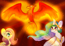 Size: 4900x3500 | Tagged: safe, artist:compassrose0425, fluttershy, philomena, princess celestia, alicorn, pegasus, phoenix, pony, a bird in the hoof, abstract background, big ears, blushing, crying, ethereal mane, female, jewelry, looking up, mare, open mouth, regalia, starry mane, trio