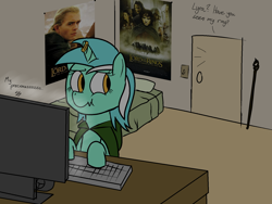 Size: 1600x1200 | Tagged: safe, artist:porkboy, lyra heartstrings, bed, bedroom, computer, dialogue, door, keyboard, lord of the rings, poster, ring, scrunchy face, the one ring