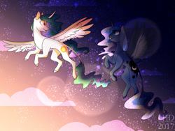 Size: 1280x960 | Tagged: safe, artist:ask-azalea-grey, princess celestia, princess luna, alicorn, pony, curved horn, cutie mark, dawn, duo, female, flying, lens flare, leonine tail, looking at each other, mare, missing accessory, sisters, smiling, stars