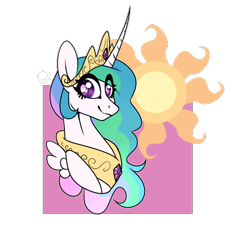 Size: 652x600 | Tagged: safe, artist:ask-azalea-grey, part of a set, princess celestia, alicorn, pony, bust, curved horn, cutie mark background, female, jewelry, looking at you, mare, regalia, simple background, smiling, solo, transparent background