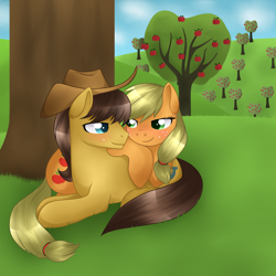 Size: 1024x1024 | Tagged: safe, artist:kitsunewolf95, applejack, caramel, earth pony, pony, accessory swap, apple, carajack, female, hat, male, shipping, straight, tree