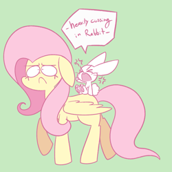 Size: 1255x1251 | Tagged: safe, artist:typhwosion, angel bunny, fluttershy, pegasus, pony, rabbit, angel is a bunny bastard, animal, duo, floppy ears, green background, simple background, swearing, walking