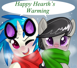 Size: 1600x1400 | Tagged: safe, artist:annakitsun3, dj pon-3, octavia melody, vinyl scratch, earth pony, pony, blushing, clothes, hearth's warming eve, scarf, snow, snowfall, steam