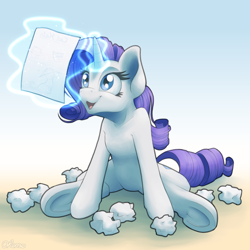 Size: 2000x2000 | Tagged: safe, artist:ohemo, rarity, pony, unicorn, anatomically incorrect, atg 2019, glowing horn, happy, horn, human shoulders, magic, newbie artist training grounds, open mouth, paper, smiling, telekinesis, underhoof