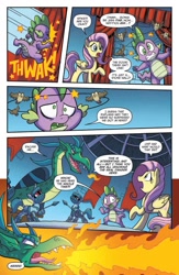 Size: 900x1384 | Tagged: safe, artist:tonyfleecs, idw, fluttershy, spike, dragon, pegasus, pony, unicorn, from the shadows, spoiler:comic, spoiler:comic53, armor, comic, dragonfire, female, fire, fire breath, knight, male, mare, official comic, plate armor, preview, spear, speech bubble, weapon