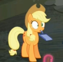 Size: 504x494 | Tagged: safe, screencap, applejack, earth pony, pony, the saddle row review, dustpan, solo