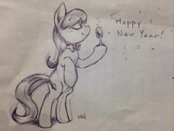 Size: 1224x918 | Tagged: safe, artist:yeendip, octavia melody, earth pony, pony, bipedal, bowtie, eyes closed, glass, monochrome, new year, solo, traditional art