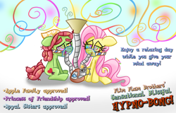 Size: 1200x768 | Tagged: safe, artist:snakeythingy, fluttershy, tree hugger, earth pony, pegasus, pony, advertisement, bong, drugs, female, high, hypnosis, hypnotized, mare, swirly eyes