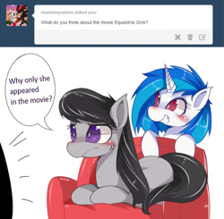 Size: 1000x980 | Tagged: safe, artist:hua, dj pon-3, octavia melody, vinyl scratch, equestria girls, ask, ask trolltavia, blushing, engrish, sofa, tumblr