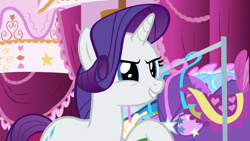 Size: 1280x720 | Tagged: safe, screencap, rarity, pony, unicorn, she's all yak, female, mare, raised hoof, smiling, solo