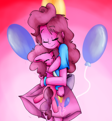 Size: 1000x1083 | Tagged: safe, artist:tuffjenny, pinkie pie, earth pony, human, pony, equestria girls, balloon, beautiful, bracelet, clothes, cute, cutie mark background, diapinkes, duo, eyes closed, female, floppy ears, gradient background, holding a pony, hug, human ponidox, jewelry, mare, self ponidox, skirt, smiling