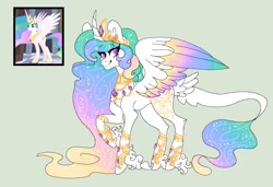 Size: 1082x739 | Tagged: safe, artist:mscreepyplaguedoctor, princess celestia, alicorn, classical unicorn, pony, unicorn, alternate cutie mark, cloven hooves, colored wings, curved horn, ethereal mane, female, horn, jewelry, leonine tail, looking at you, mare, regalia, simple background, smiling, solo, starry mane, unshorn fetlocks