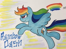 Size: 680x510 | Tagged: safe, artist:garammasara, derpibooru import, rainbow dash, pegasus, pony, flying, palindrome get, smiling, solo