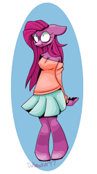 Size: 1313x2345 | Tagged: safe, artist:dollmaker47, pinkie pie, anthro, blood, boots, clothes, nosebleed, pinkamena diane pie, shirt, shoulderless, skirt, solo