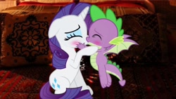 Size: 1920x1080 | Tagged: safe, rarity, spike, dragon, pony, unicorn, female, kissing, male, shipping, sparity, straight, winged spike
