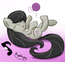 Size: 1000x950 | Tagged: safe, artist:bugplayer, octavia melody, earth pony, pony, :3, behaving like a cat, bugplayer is trying to murder us, catface, cute, eyes closed, female, gradient background, mare, on back, playing, solo, tavibetes, wool ball, yarn ball