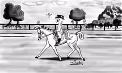 Size: 3000x1800 | Tagged: safe, artist:dopkens, lyra heartstrings, horse, pony, bipedal, boots, bridle, dressage, grayscale, hat, hoof boots, horse-pony interaction, monochrome, ponies riding horses, reins, riding, saddle, stirrups
