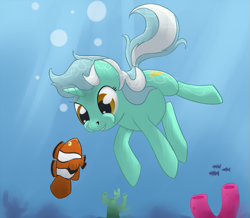 Size: 615x537 | Tagged: safe, artist:tenchi-outsuno, lyra heartstrings, fish, pony, unicorn, bubble, clownfish, coral, cute, lyrabetes, solo, swimming, underwater