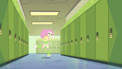 Size: 1920x1080 | Tagged: safe, screencap, fluttershy, equestria girls, equestria girls (movie), backpack, boots, clothes, cutie mark, hallway, high heel boots, lockers, raised leg, skirt, socks, solo