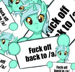 Size: 621x597 | Tagged: safe, lyra heartstrings, /a/, 4chan, reaction image, sign, solo, vulgar