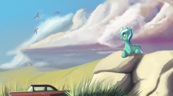 Size: 1800x1000 | Tagged: safe, artist:rublegun, lyra heartstrings, bird, car, cloud, cloudy, field, fluffy, prone, rock, scenery, smiling, solo, unshorn fetlocks, windmill