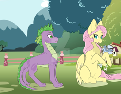 Size: 1024x794 | Tagged: safe, artist:uniquecolorchaos, fluttershy, spike, bird, dragon, pegasus, pony, older, sitting, watermark