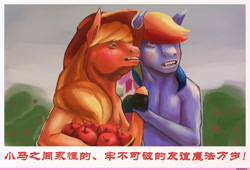 Size: 1600x1089 | Tagged: artist needed, source needed, useless source url, safe, derpibooru import, applejack, rainbow dash, earth pony, pegasus, pony, apple, chinese, cowboy hat, duo, food, hat, parody, propaganda, propaganda parody, propaganda poster