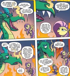 Size: 825x892 | Tagged: safe, artist:tonyfleecs, idw, fluttershy, spike, dragon, pegasus, pony, from the shadows, spoiler:comic, spoiler:comic53, comic, cropped, female, fire, male, mare, official comic, open mouth, smoke, speech bubble