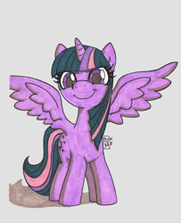 Size: 810x1000 | Tagged: safe, artist:tsukiko-chan, derpibooru import, twilight sparkle, twilight sparkle (alicorn), alicorn, pony, female, looking at you, mare, smiling, solo, spread wings, traditional art