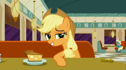 Size: 1274x715 | Tagged: safe, screencap, applejack, earth pony, pony, the saddle row review, discovery family logo, food, pie, restaurant