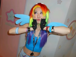 Size: 2304x1728 | Tagged: safe, artist:bunnyoxo, derpibooru import, rainbow dash, human, clothes, cosplay, costume, irl, irl human, photo, scene interpretation, so awesome, solo, wings