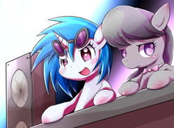 Size: 809x596 | Tagged: safe, artist:raibo, dj pon-3, octavia melody, vinyl scratch, earth pony, pony, unicorn, bowtie, female, frown, leaning, lesbian, open mouth, pixiv, scratchtavia, shipping, smiling