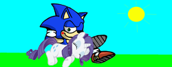 Size: 1280x498 | Tagged: safe, rarity, pony, unicorn, 1000 hours in ms paint, blushing, crossed legs, crossover, cute, one eye closed, relaxing, sky, sleeping, sonic the hedgehog (series), sun