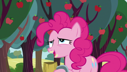 Size: 1920x1090 | Tagged: safe, screencap, pinkie pie, pony, the super speedy cider squeezy 6000, apple, cider, drunk, drunkie pie, food, solo, tree