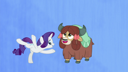 Size: 1920x1080 | Tagged: safe, screencap, rarity, yona, pony, unicorn, yak, she's all yak, bow, cloven hooves, duo, female, hair bow, mare, monkey swings