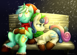 Size: 800x571 | Tagged: safe, artist:moonlightfl, bon bon, lyra heartstrings, sweetie drops, bench, boots, christmas, clothes, duo, hat, holiday, mittens, santa hat, scarf, sitting, smiling, snow, snowfall, winter