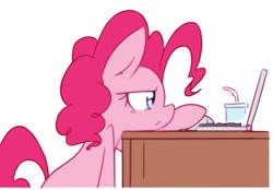 Size: 1979x1381 | Tagged: safe, artist:akainu_pony, pinkie pie, earth pony, pony, :<, annoyed, bendy straw, computer, computer mouse, cup, cute, desk, diapinkes, drinking straw, female, frown, glare, laptop computer, leaning, mare, simple background, sitting, solo, table, unamused, white background